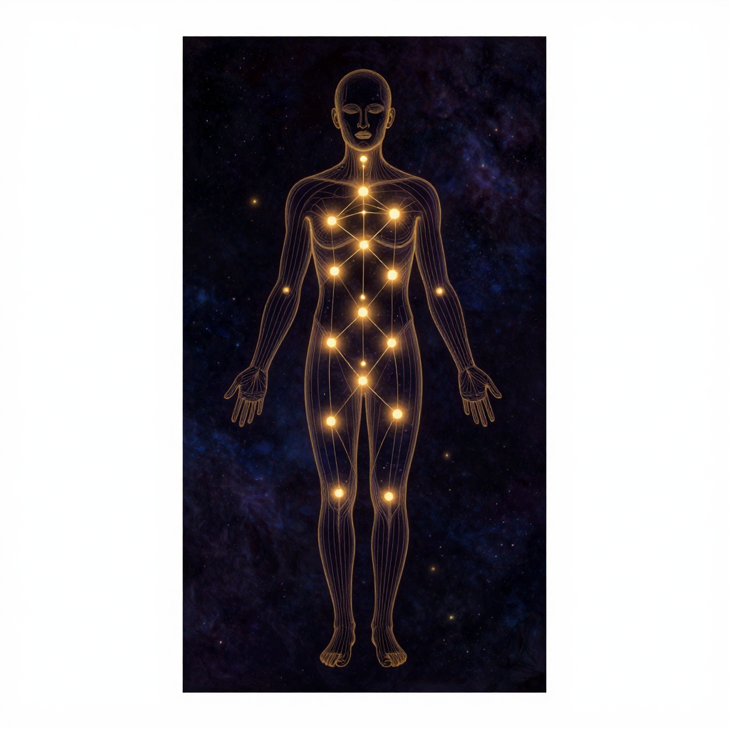 八会穴：一幅人体轮廓以极细金线勾勒，体内浮现八个微光节点，按标准穴位位置精确排布，节点间有纤细金线相连成网，脉络隐现于空处