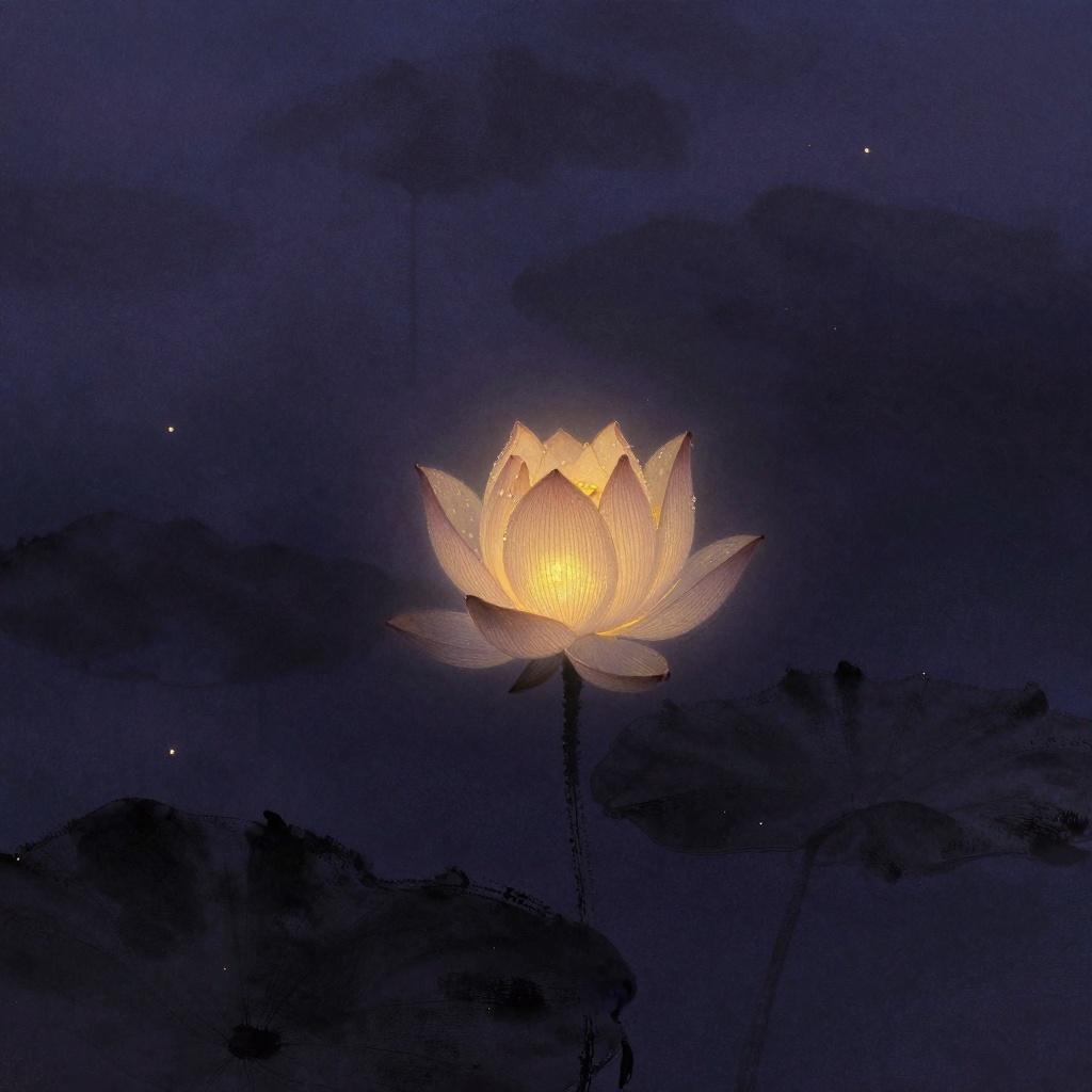 意象构建：一朵含苞待放的莲花静立水面，花瓣微微闭合向内，周围大片空寂水面，花苞内部透出一缕极细微光，晨露凝于瓣尖