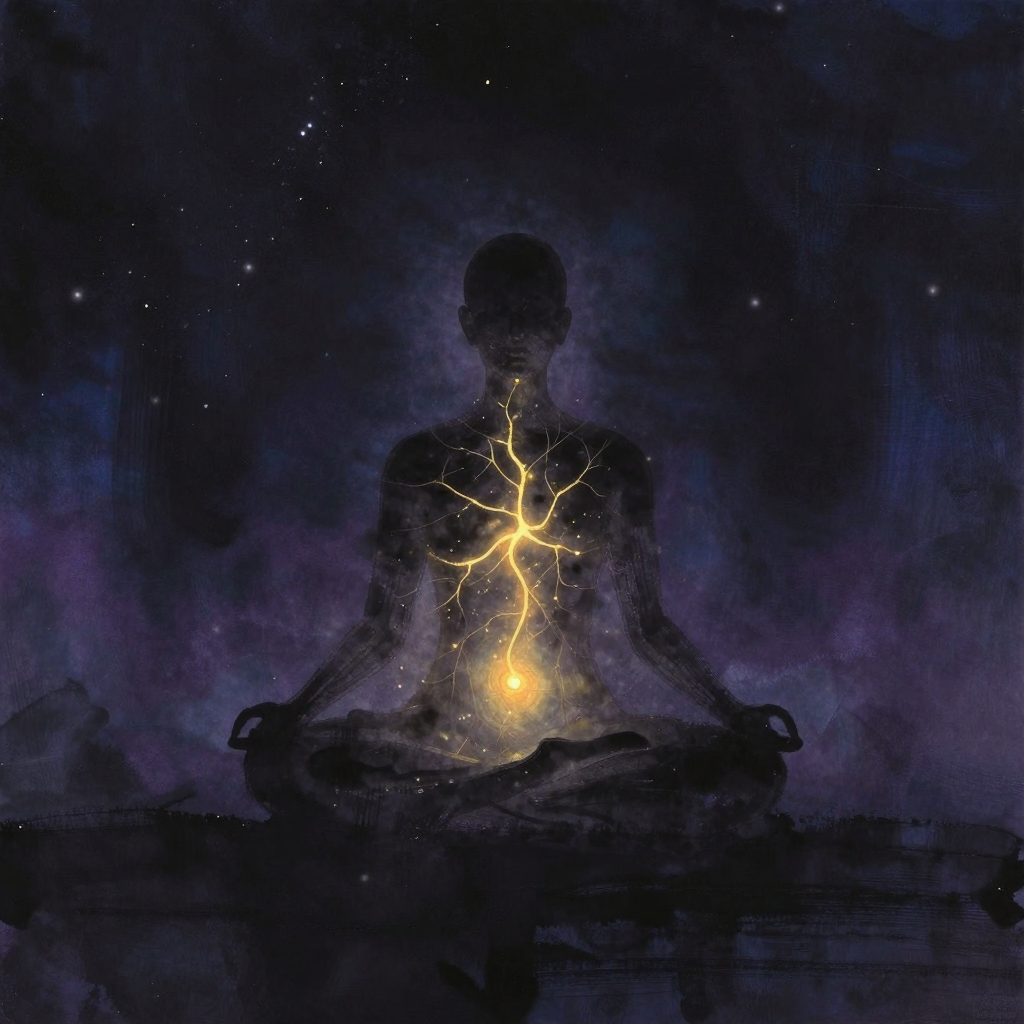 形神合一：一个冥想坐姿的人形轮廓立于空处，体内自然流动的光脉同时贯通头颅与四肢，在胸腹处形成柔和交汇点，是画面唯一的微光来源