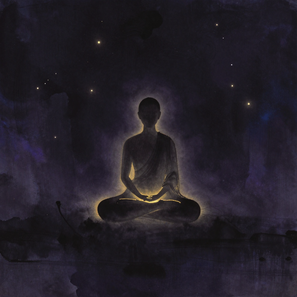 身心观：一个盘坐的人影居于画面中央，双手轻放膝上，姿态放松而内聚，面容沉静，四周归于大片空处，人物轮廓边缘透出极细微的光晕