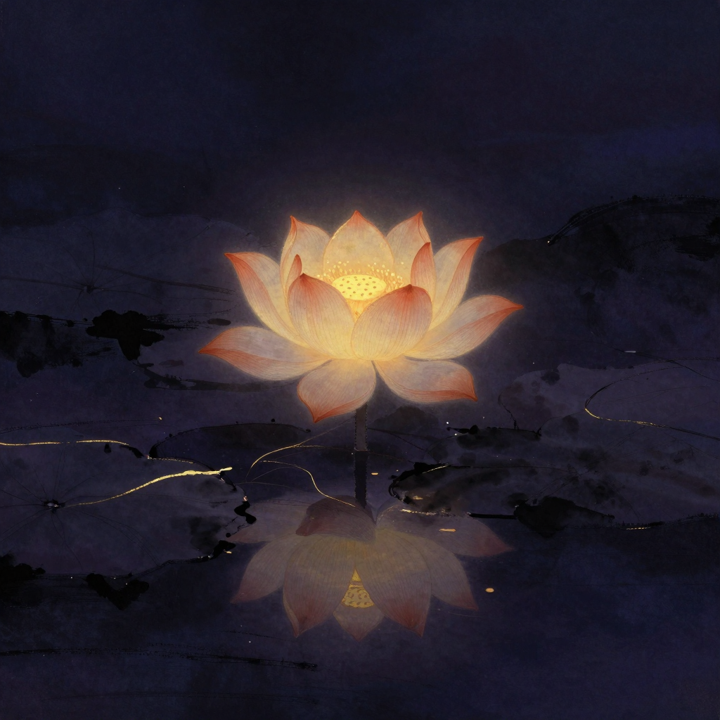 生死解脱：一朵完全舒展的莲花从淤泥中挺立而出，花瓣层层绽放显露出中心莲蓬，四周大片空旷水面倒映着花影，花芯处有一点微光