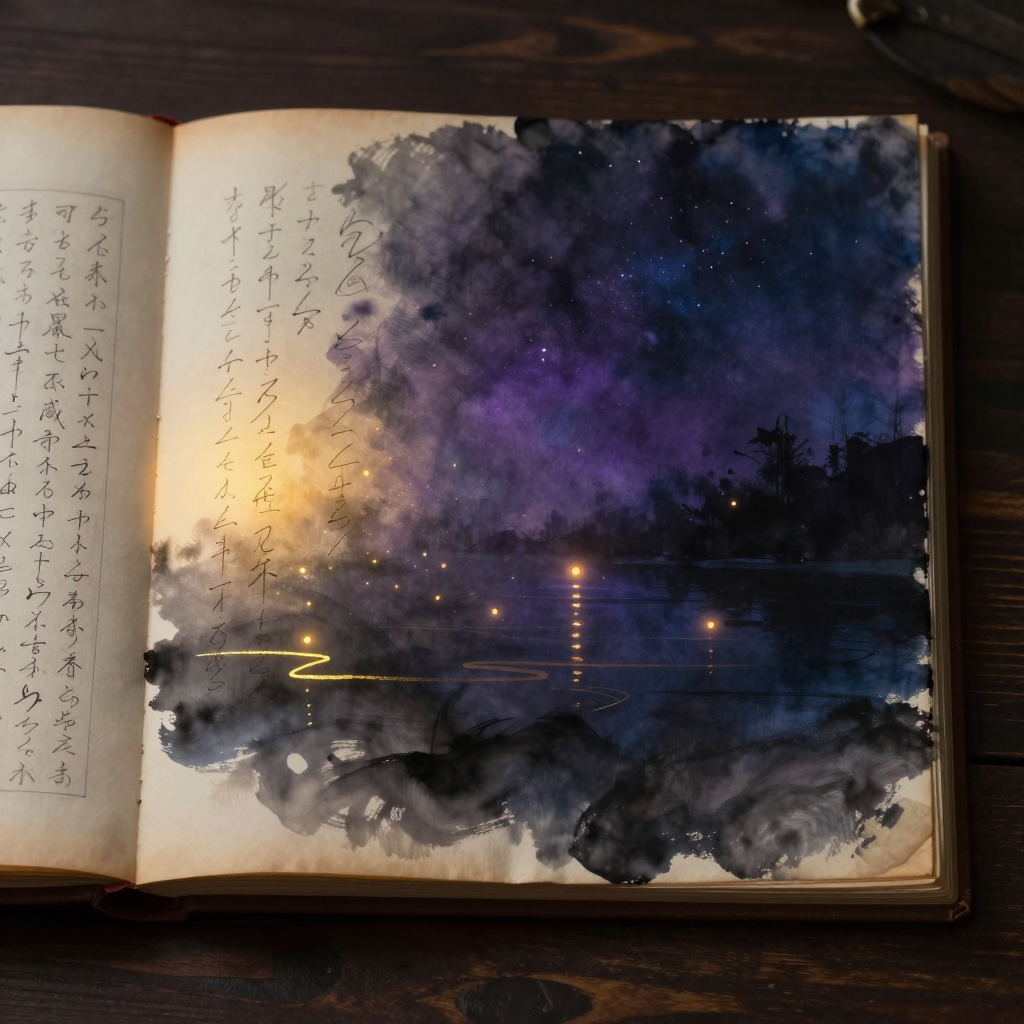 吉益东洞：一本摊开的古汉文竖排手稿静置于暗色木案，纸页泛黄，可见朱笔批注的痕迹，四周空阔无物，书页上有一处暖意来自朱批笔迹