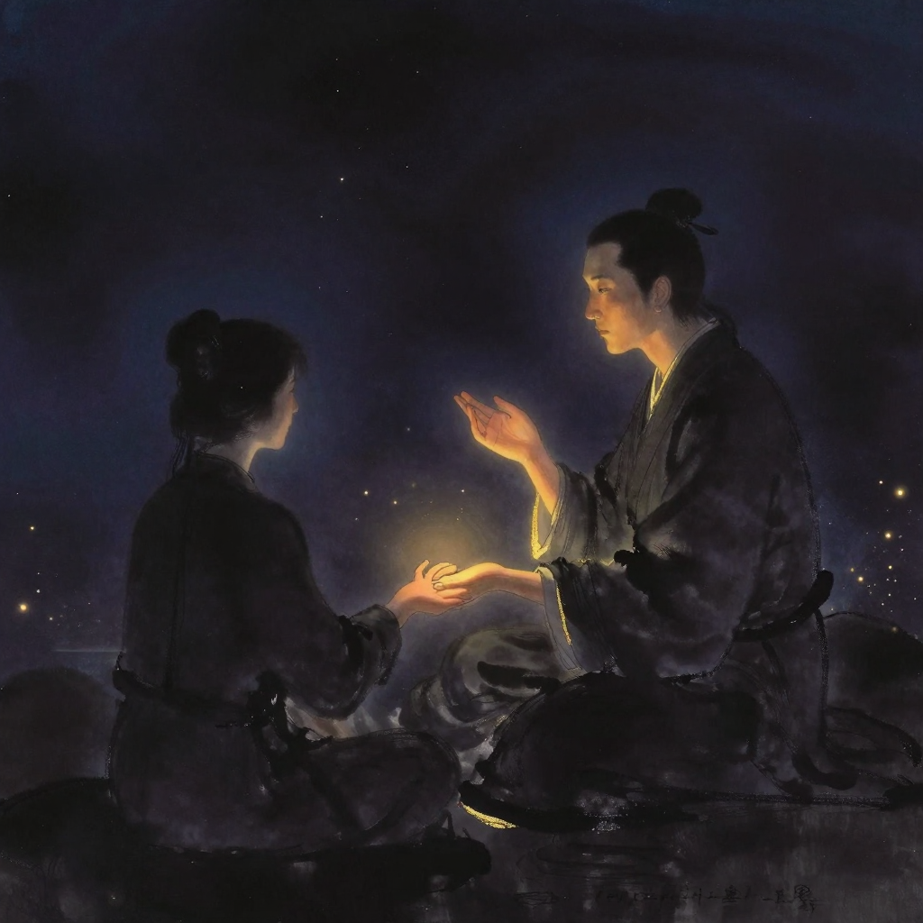 四诊：一位身着长衫的医者侧身而坐，三指轻搭患者手腕切脉，同时抬眼观察患者面色，头部微侧似在倾听呼吸声，另一手抬至胸前作询问手势