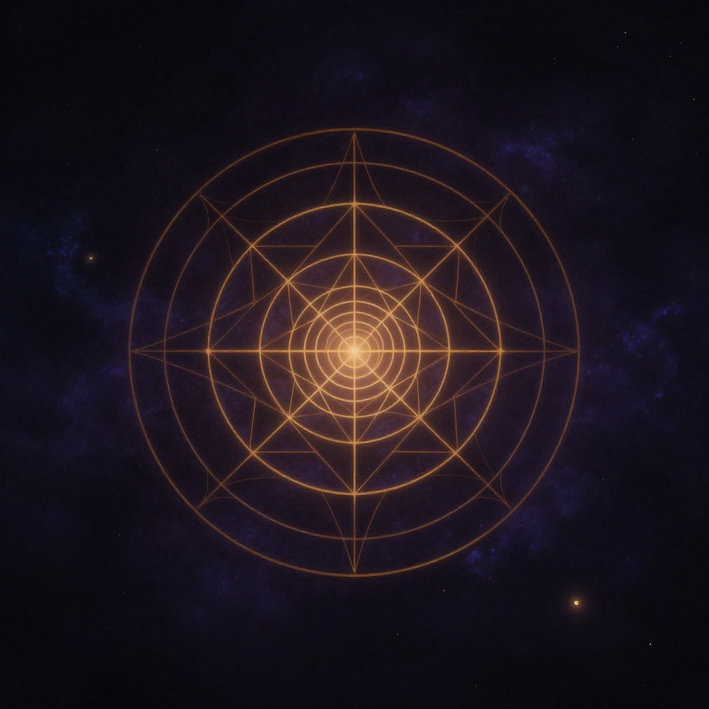 微缩宇宙：一幅严格对称的几何曼陀罗悬浮于近黑背景中，由精确的同心圆层嵌套构成，最外层圆环与最内层核心被一道极细的金线相连，线条清晰