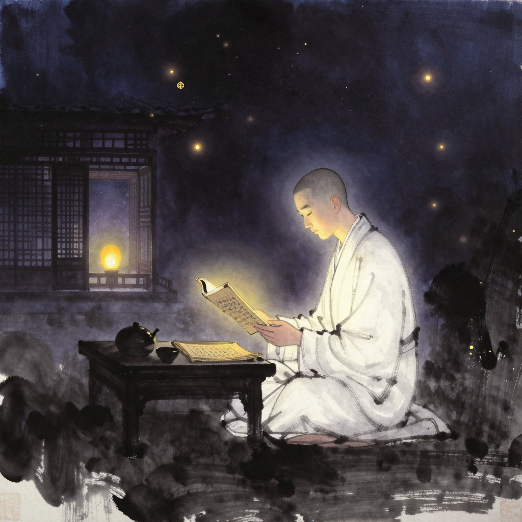 居士佛教：一位着白衣的居士静坐于书房案前，手持经卷垂目而观，案上散落日常器物，窗外可见庭院一角，书页间透出一处暖意