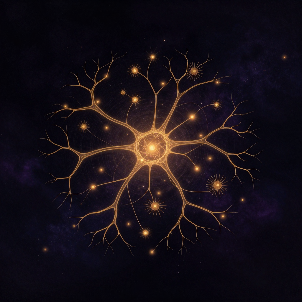 网络化生理机制：立体交织的生物网络悬浮于空处，由三类元素构成：神经元突触的枝状连接、下丘脑到肾上腺的腺体轴线条、以及T细胞状的免疫细胞，