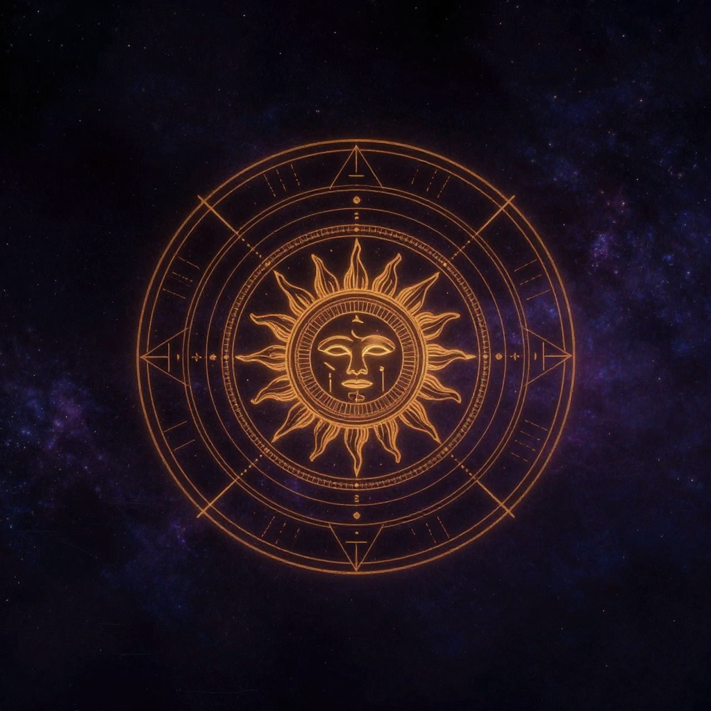 阿兹特克文明：太阳历石以其完整的几何结构居画面中心，清晰显示中央托纳蒂乌太阳神面部与周边四个纪元符号，历石纹理精确细致，四周大片留白，