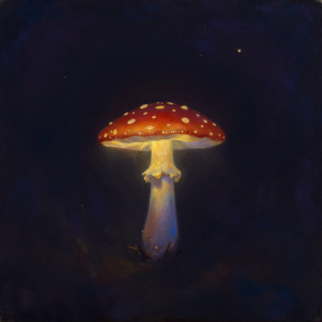 圣菇：一枝形态清晰的蘑菇立于空旷中，伞盖呈红色带有金色斑点，伞柄自然过渡出蓝色渐变，周围环抱着一圈近乎透明的微光