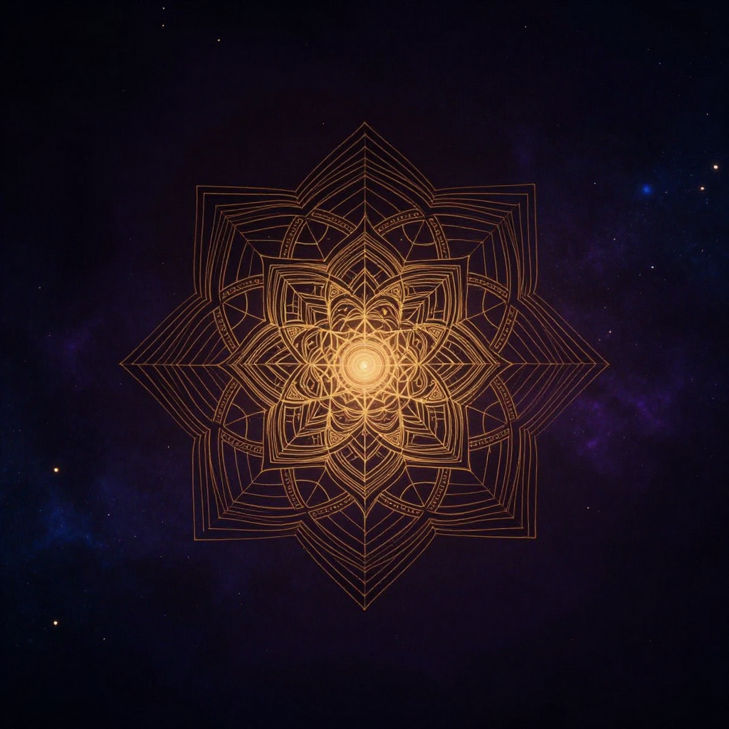 宇宙模型：一个由无数嵌套小曼陀罗构成的大曼陀罗几何体悬浮于空处，每个局部都完整包含整体结构，最中心处透出一线微光