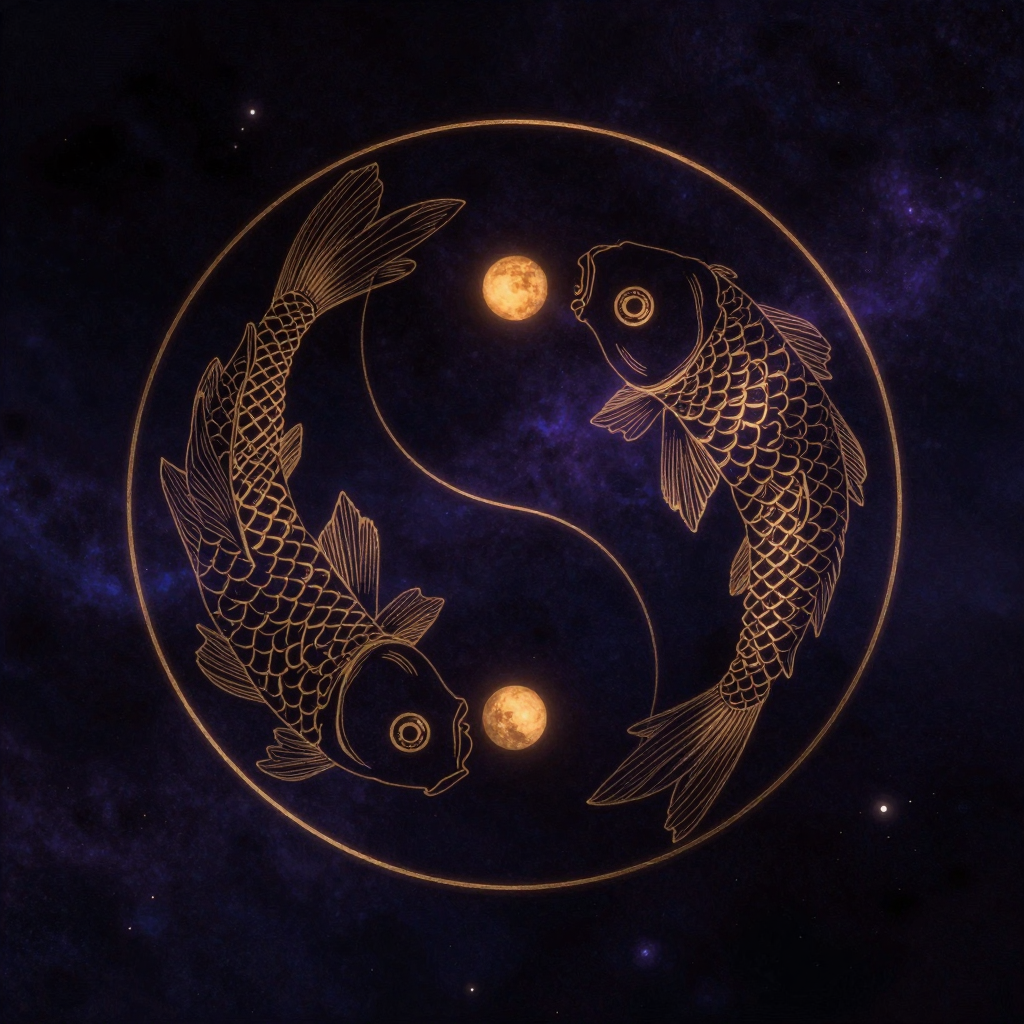 阴阳消长：一幅处于动态中的太极图，阴阳双鱼沿S形曲线相互缠绕渗透，阳鱼中的阴眼与阴鱼中的阳眼清晰可见，整体呈现螺旋上升的势能，置于