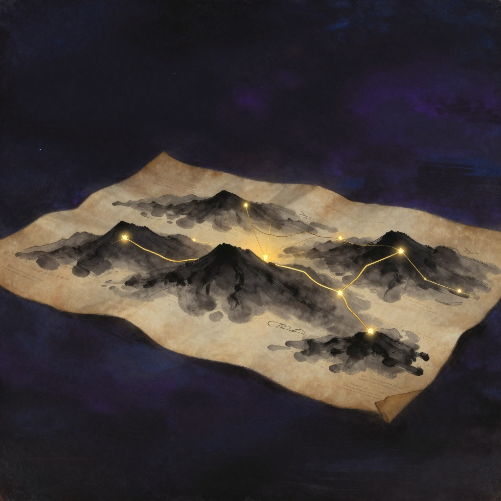 时间地图：一张泛黄羊皮纸上展开手绘的立体地形图，山脉般的曲线连接着数个被星标标记的转折点，左端标注着模糊的过去印记，中央是明确的现