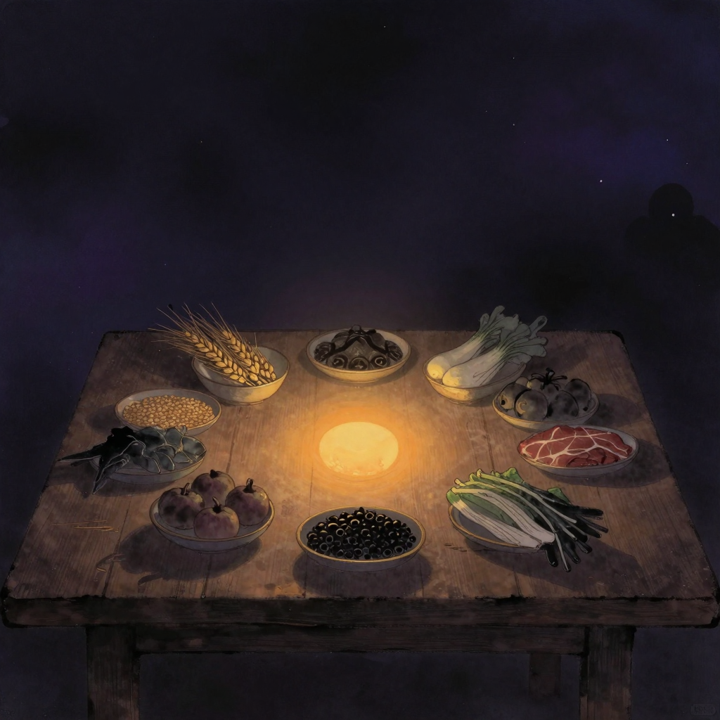 和而不同：一张朴素的木桌上摆放着形态各异的食材——谷物、果实、菜蔬与肉食错落有致地构成圆形构图，彼此留有空隙却相互呼应，桌面中央透