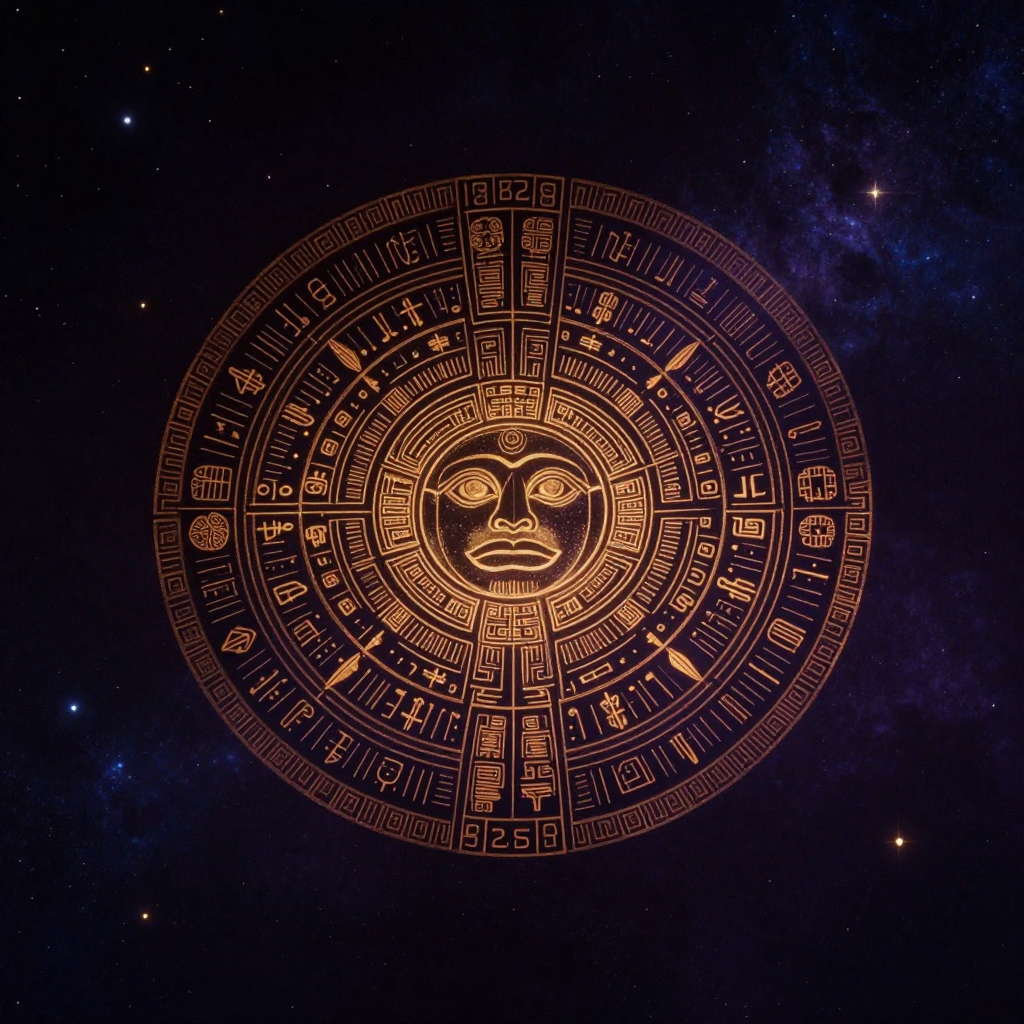 阿兹特克：阿兹特克太阳石平置于空阔处，中央托纳蒂乌太阳神面庞严谨刻画，四方向的纪元符号与外围二十日符号环带清晰可辨，石面纹路间透出