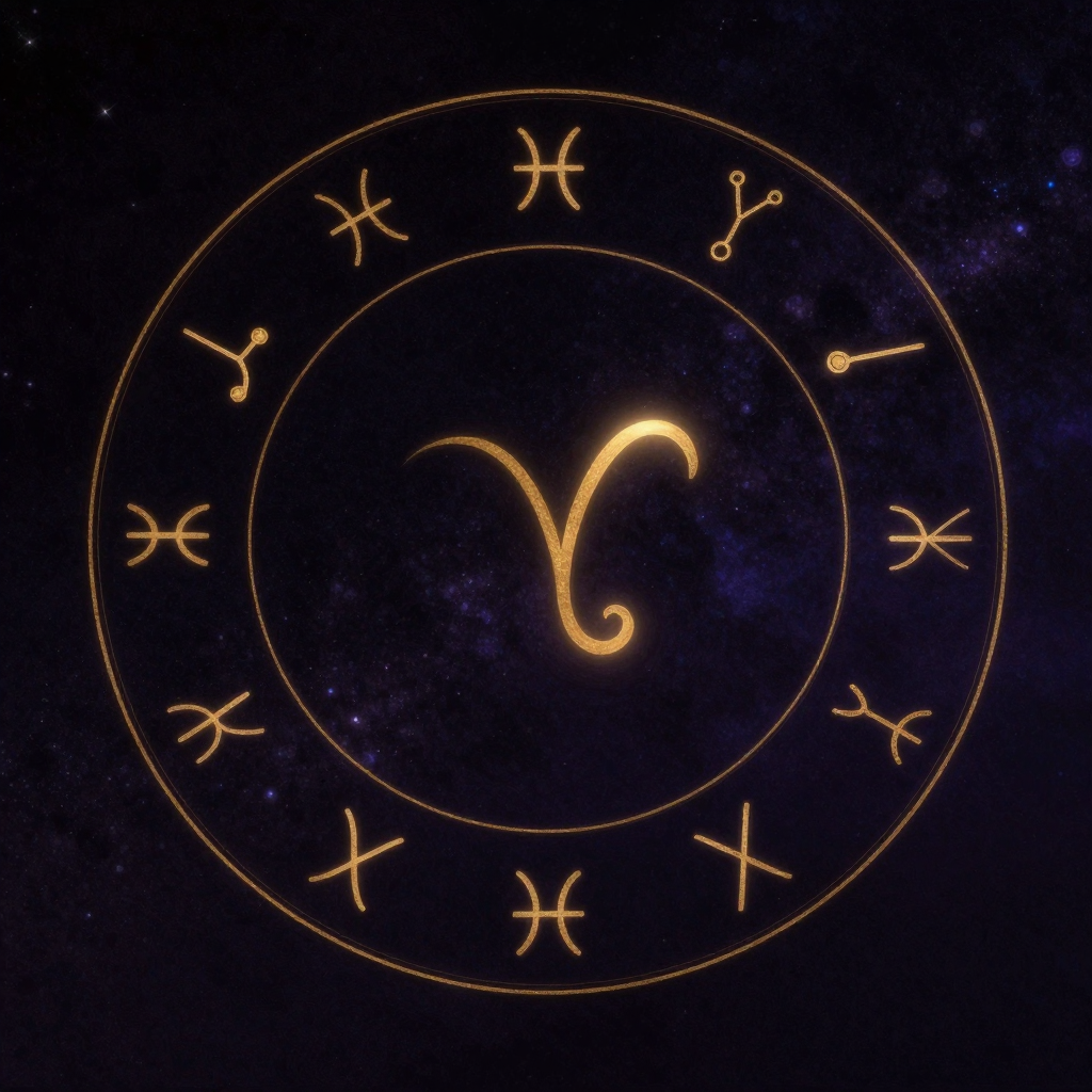 黄道十二宫：十二个准确无误的星座符号等距排列成完整圆形置于空旷中，符号线条清晰连贯，双鱼座与白羊座符号的接缝处透出一缕极细微光