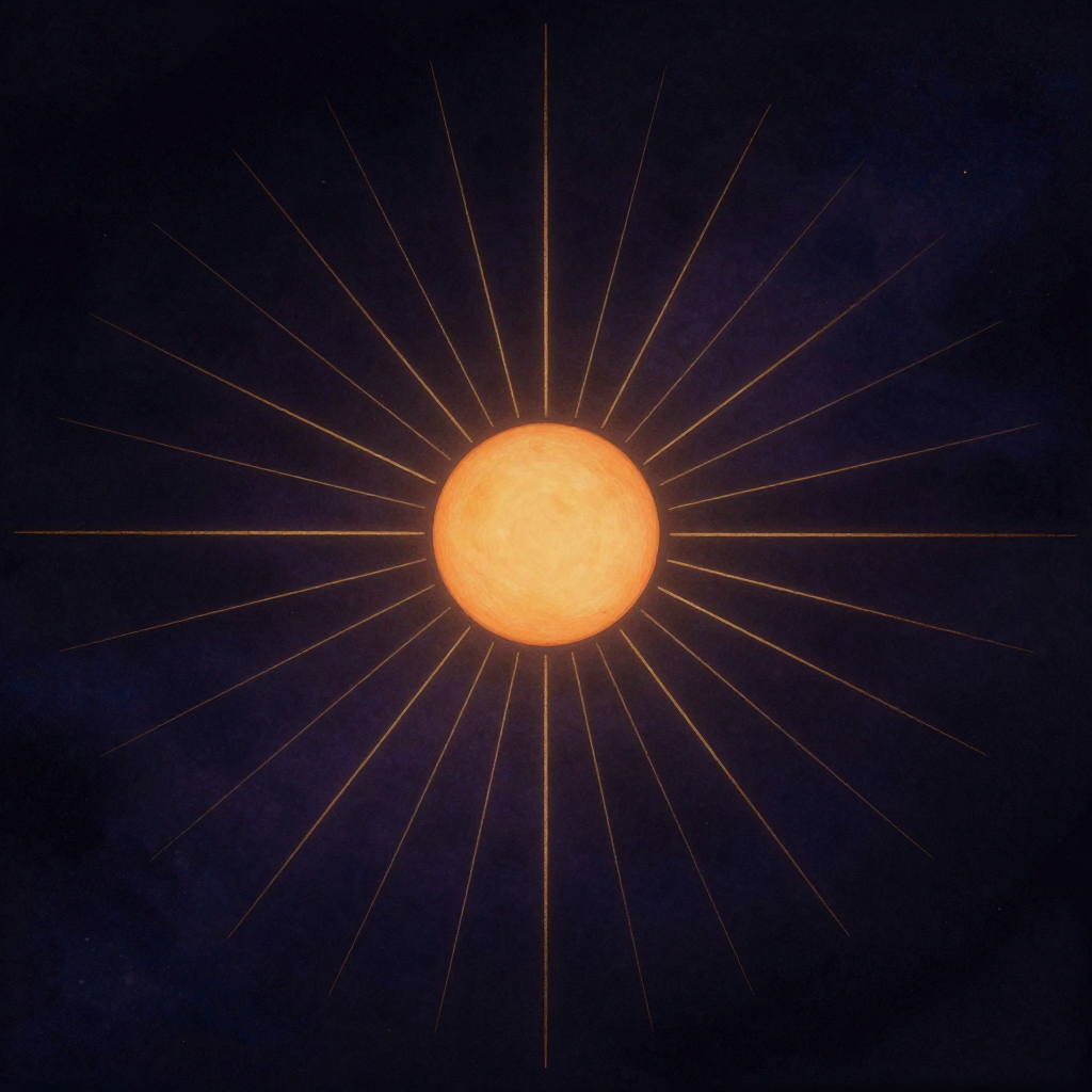 太阳神：一轮中心浑圆的太阳静静悬浮在空阔之中，十二道笔直的光束从圆盘边缘均匀向外辐射，光束长度渐变形成完美对称，最外侧两道光束恰