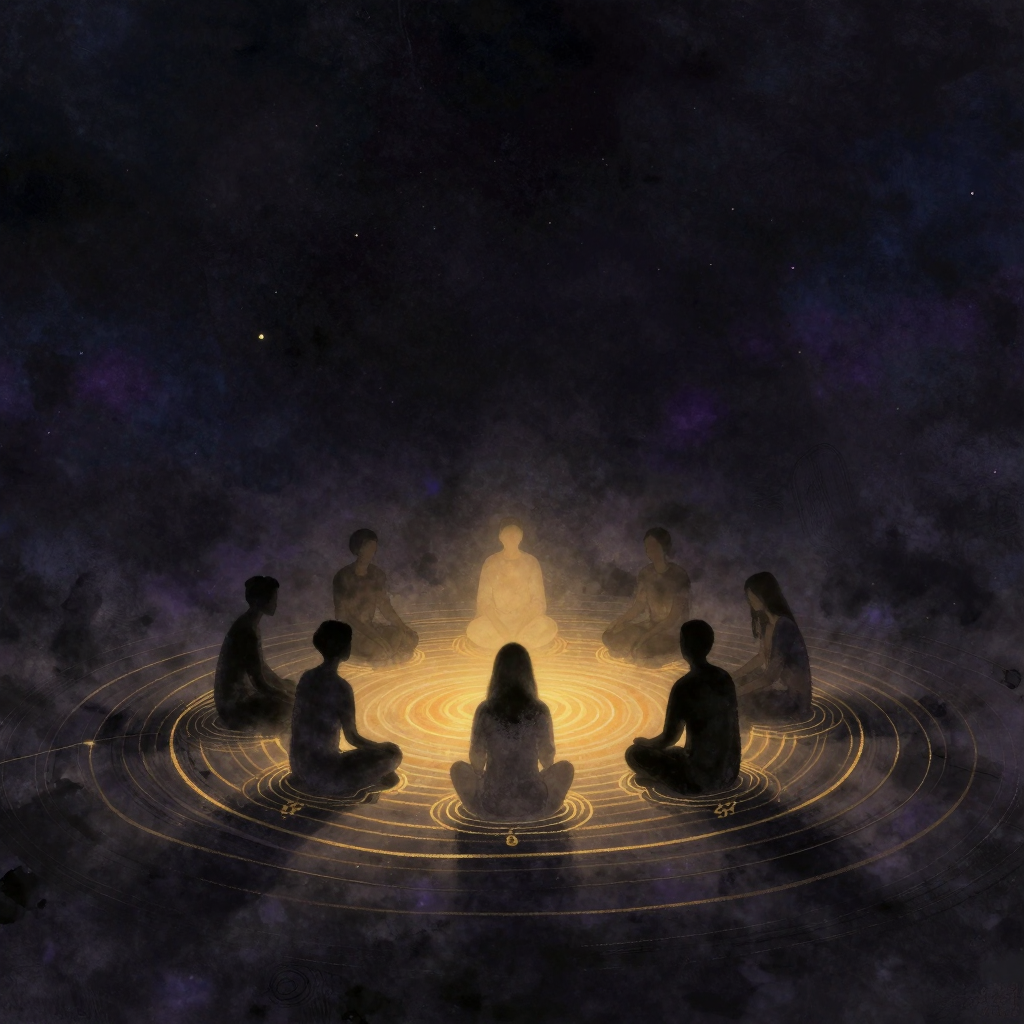 团体修行：七个人影围坐成环形，彼此前倾形成对话姿态，中央地面泛起层层同心圆状的能量波纹向四周扩散，环形结构外是大片留白
