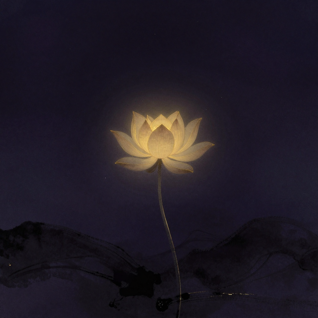 根锁：一朵未完全绽放的莲花倒置悬浮于空，莲茎向下延伸为纤细光丝连接地面，花萼处呈现微妙的向内收束态，四周归于大片留白