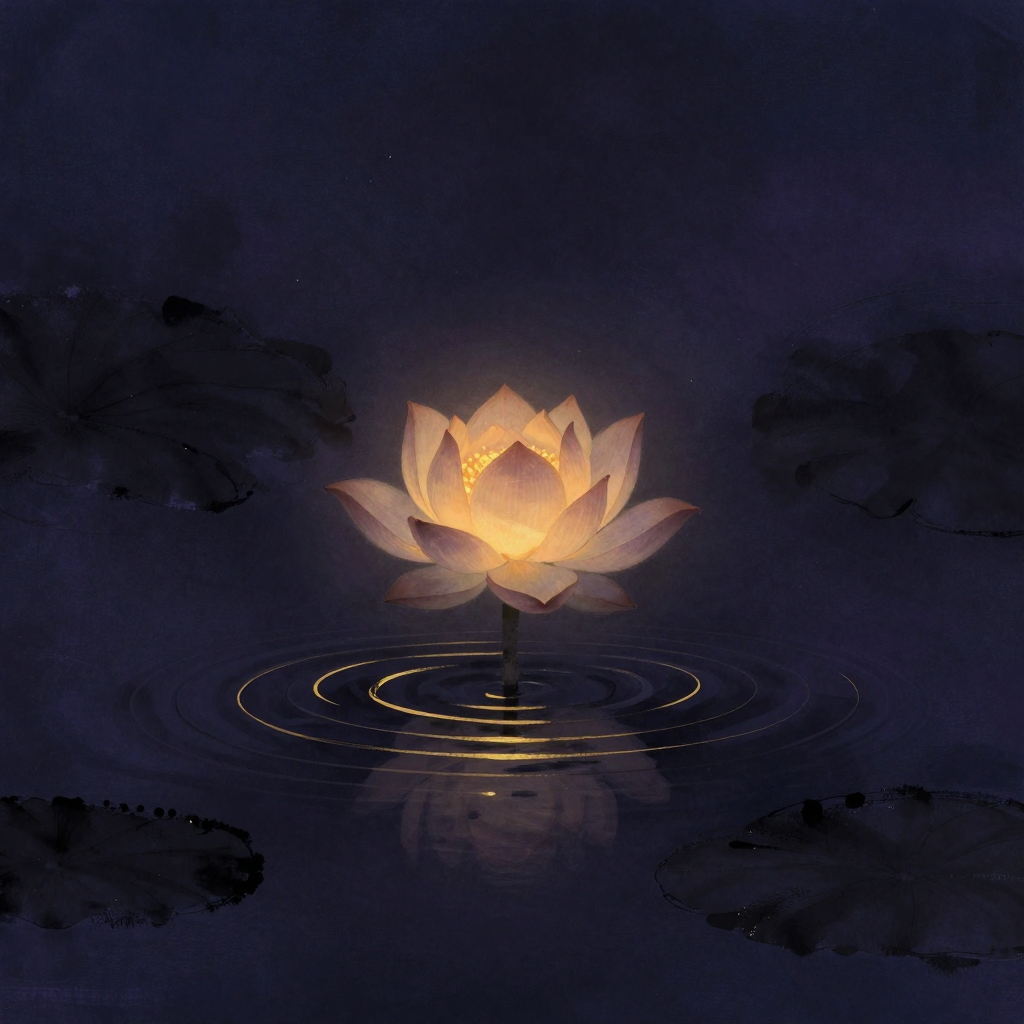 放松技巧：一朵处于半开状态的莲花悬于画面中央，花瓣从闭合中逐渐舒展，下方平静水面扩散出几圈同心圆波纹，四周归于大片空处，莲心是画面