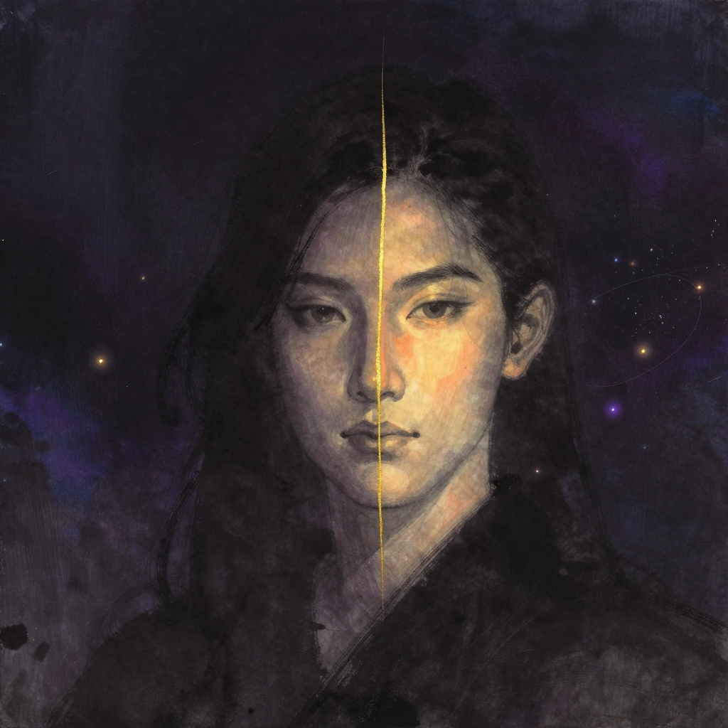 情人：一张半脸分割的素描像立于空处，左侧呈现女性面容中的坚毅轮廓，右侧显现男性眉眼间的柔美线条，两半微妙过渡，交界处有一道细线