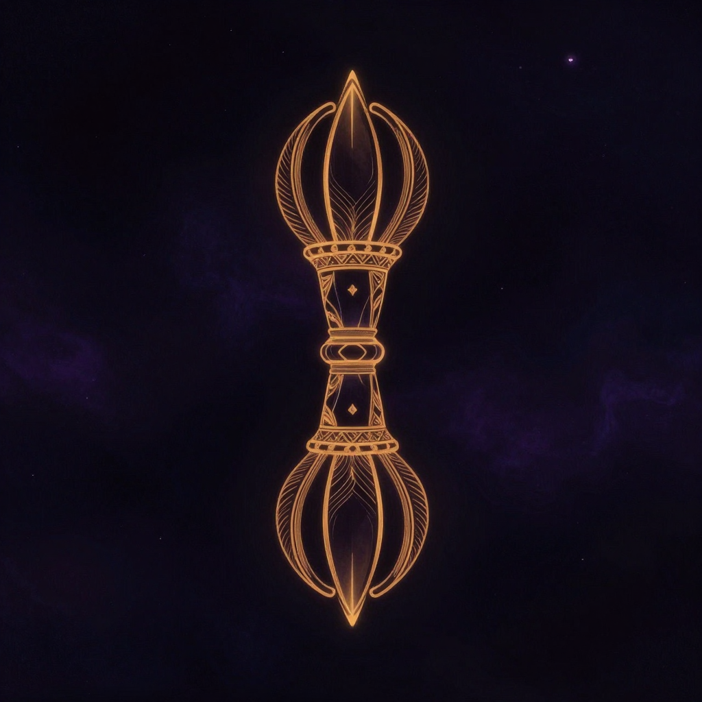 Vajra：一柄精雕的五股金刚杵悬浮于空处，中心圆柱体两侧对称延伸出四道莲花瓣状棱刃，共五股锋芒，中段饰纹清晰可辨，棱刃尖端凝着一线