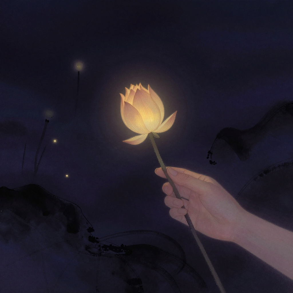上师印证：一只手以拇指与食指轻拈一枝含苞莲花，花茎自然弯曲似有微风，莲苞低垂未绽，四周大片空寂，花苞尖稍透出一处微光