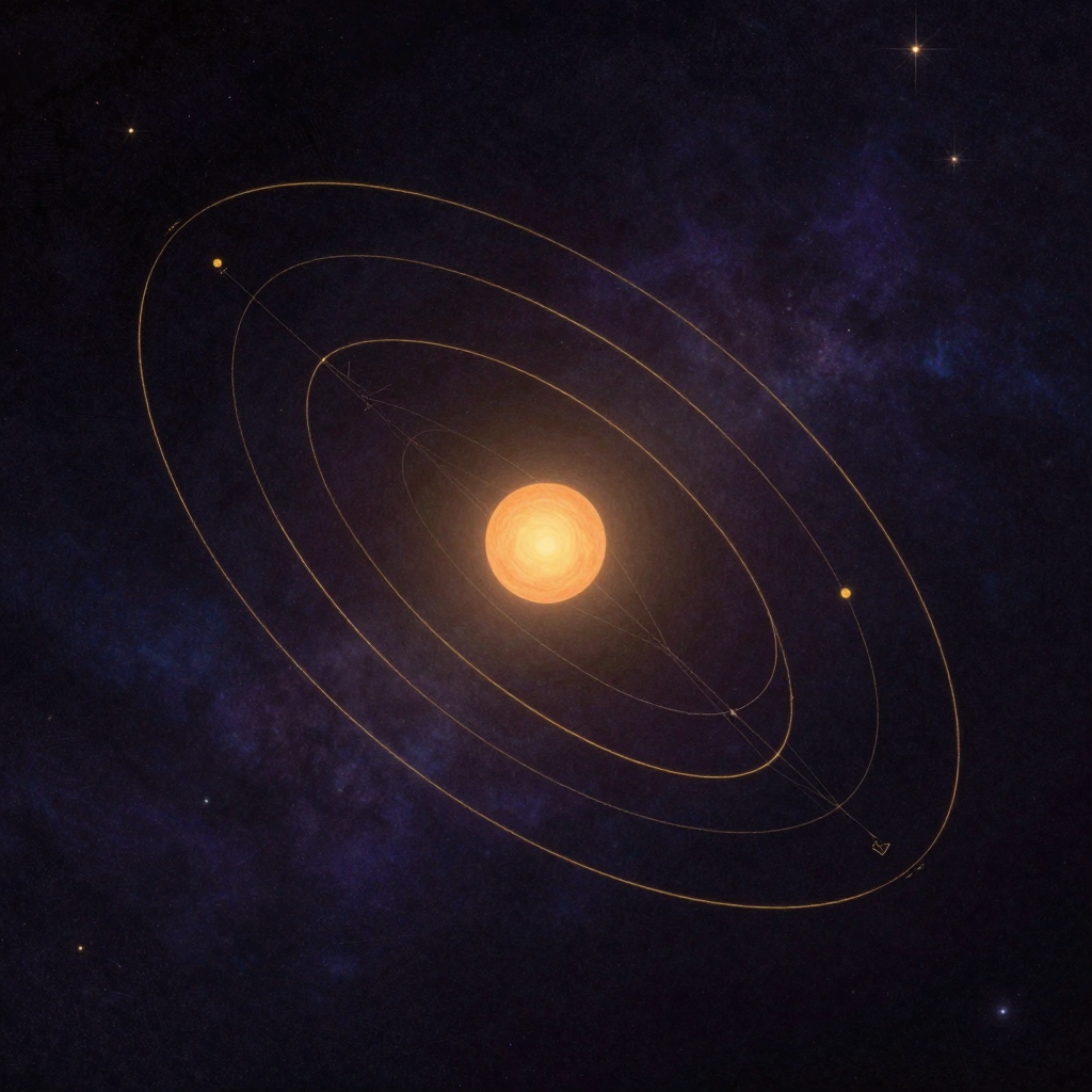 行星轨道：一组不同倾角的椭圆轨道在三维空间中交错，轨道线条清晰连贯，太阳位于其中一个焦点处，轨道间通过引力线隐约相连。所有轨道均为