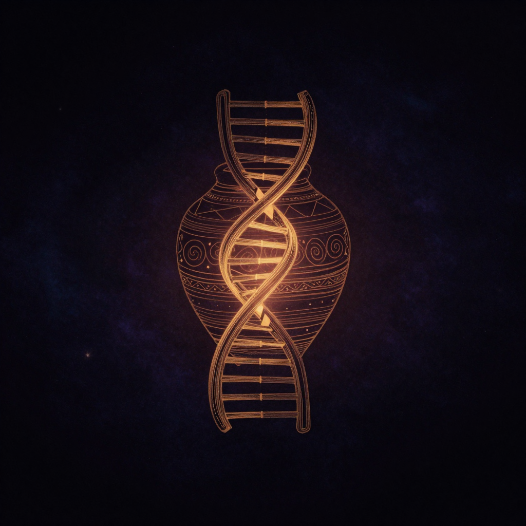 基因-文化协同进化：一条准确的双螺旋DNA与原始陶罐的螺旋纹饰相互缠绕，两者以自然流畅的弧度交织成统一体，结构精确，置于大片黑底中央，交缠处