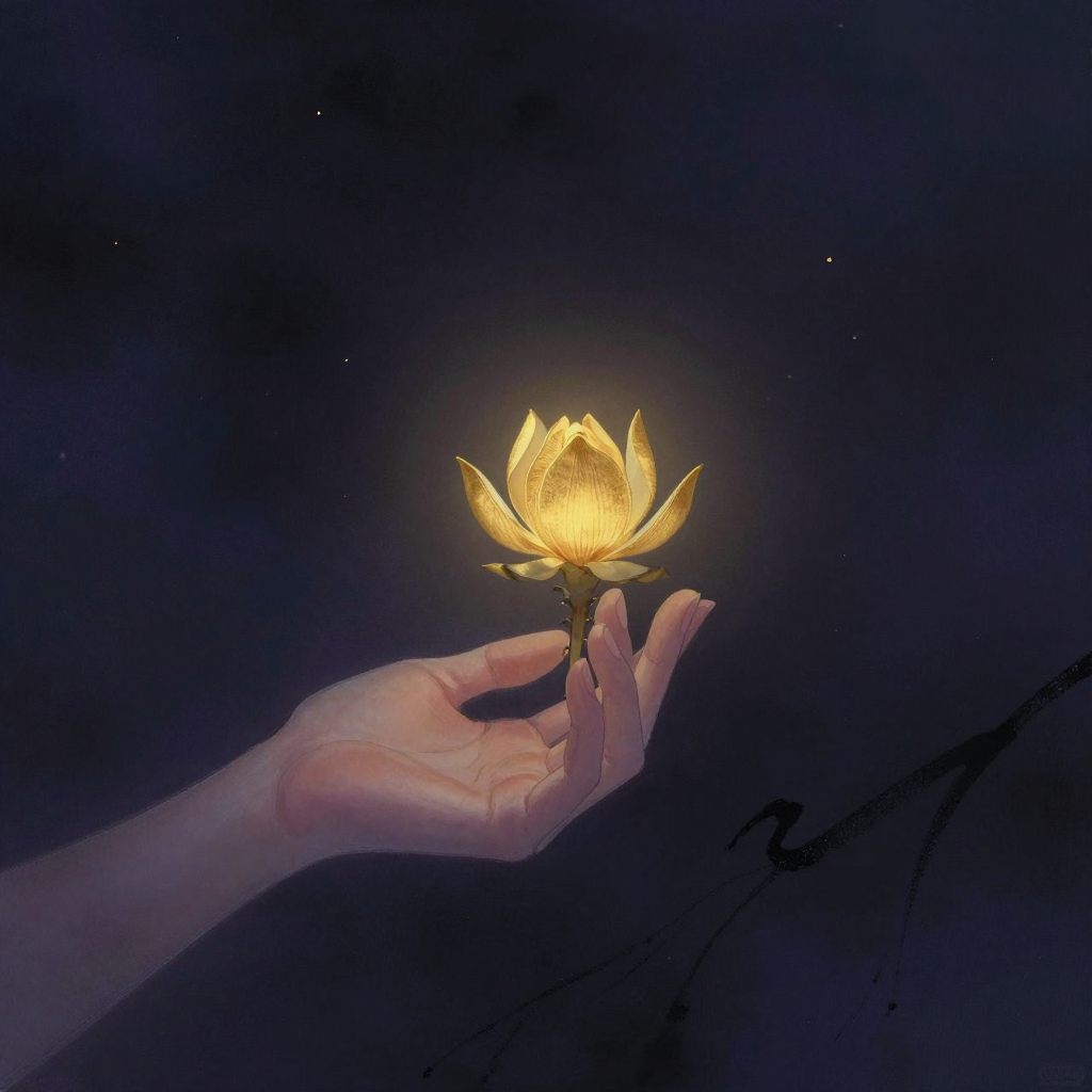 神秘意识：一只手掌以拈花手势轻持一朵含苞金婆罗花，花茎无刺，花瓣尖自然下垂，四周归于大片空处，花苞是画面唯一的微光来源