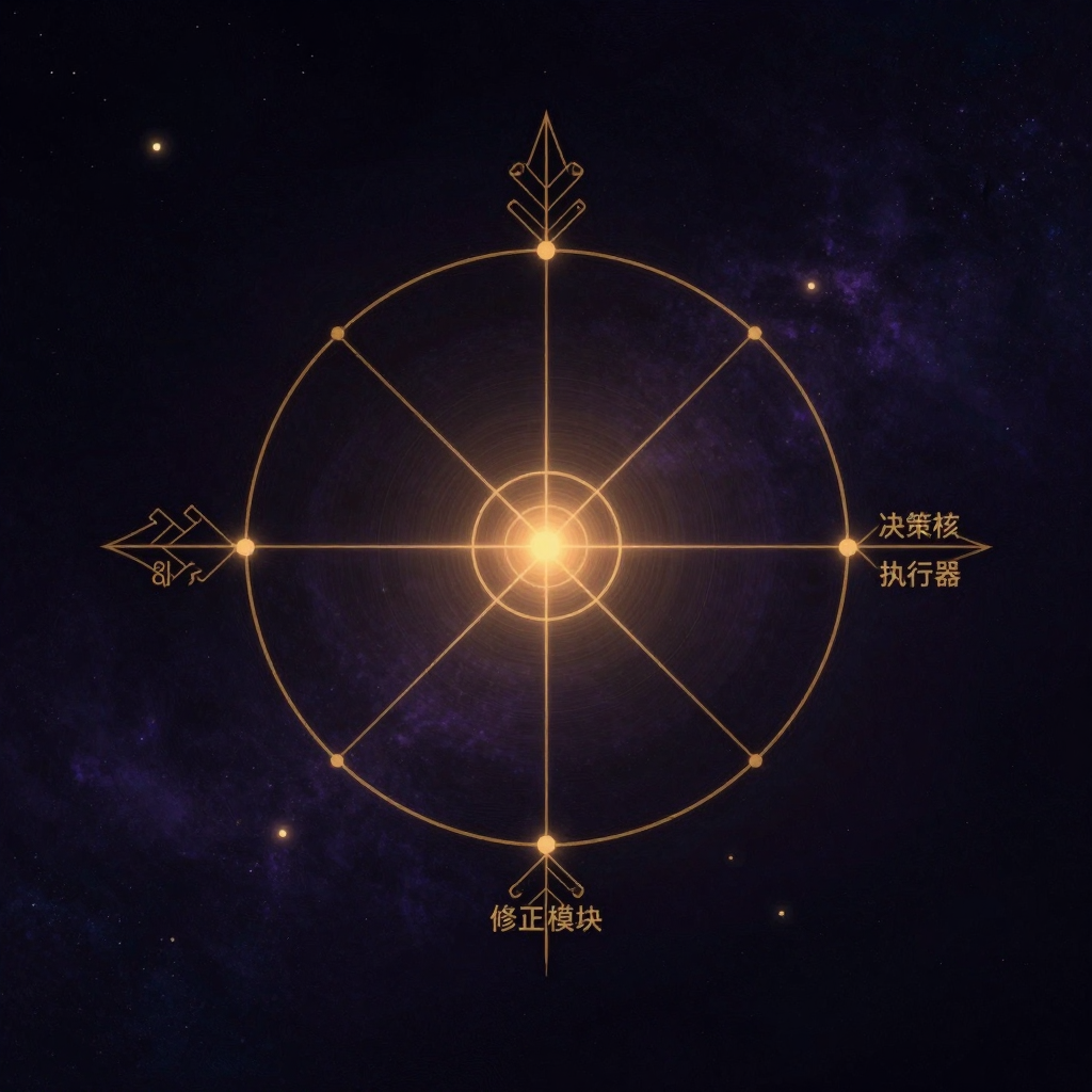 诺伯特·维纳：一个精密箭头环路悬浮于空处，四节点分别标记为感知器、决策核、执行器与修正模块，线路形成完美闭环，中央枢纽处透出一处微光