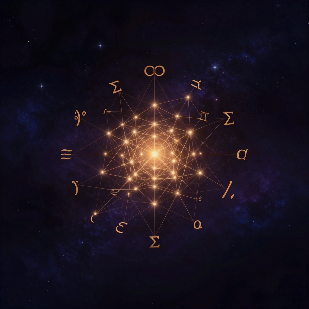 逻辑-数学智能：由Σ、∫、∞等数学符号与∴、∀、∃等逻辑符号组成的透明立体结构悬浮于空处，符号间以细线相连形成精密网络，核心节点泛着微光