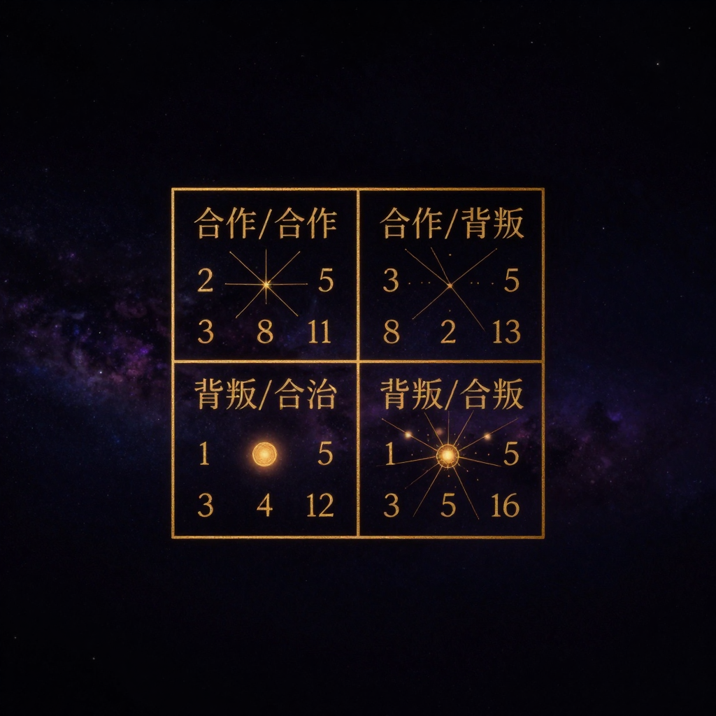博弈论：一个2x2表格悬于近黑背景中央，四个格子内分别标注着（合作/合作）、（合作/背叛）、（背叛/合作）、（背叛/背叛）及其对