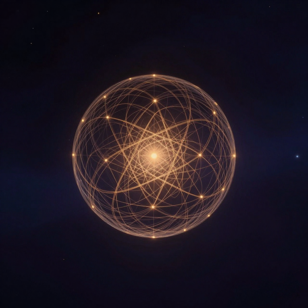 场域能量：一个由交织的细线构成的透明球体悬浮于空处，线条疏密有致地动态交织，球体边缘逐渐消融于四周空间，画面中心点微微透出温暖的光