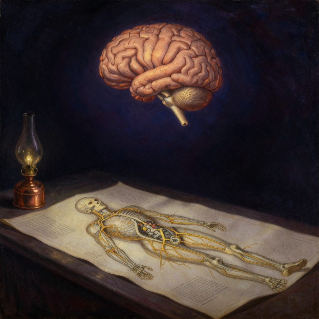 心物二元：一张17世纪风格的人体解剖图平铺于台面，机械构造般的神经与血管如管道系统分明，上方悬浮着一朵与物理大脑无实质连接的云状思
