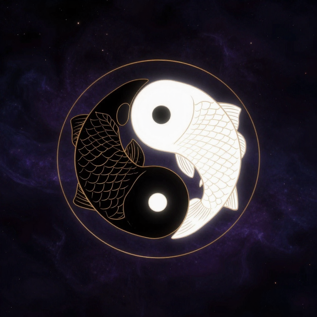 中医智慧：一幅完美的黑白双鱼太极图居于画面中央，黑鱼与白鱼相互环抱，黑鱼中含小白圆点、白鱼中含小黑圆点，图形线条干净利落，整体呈正