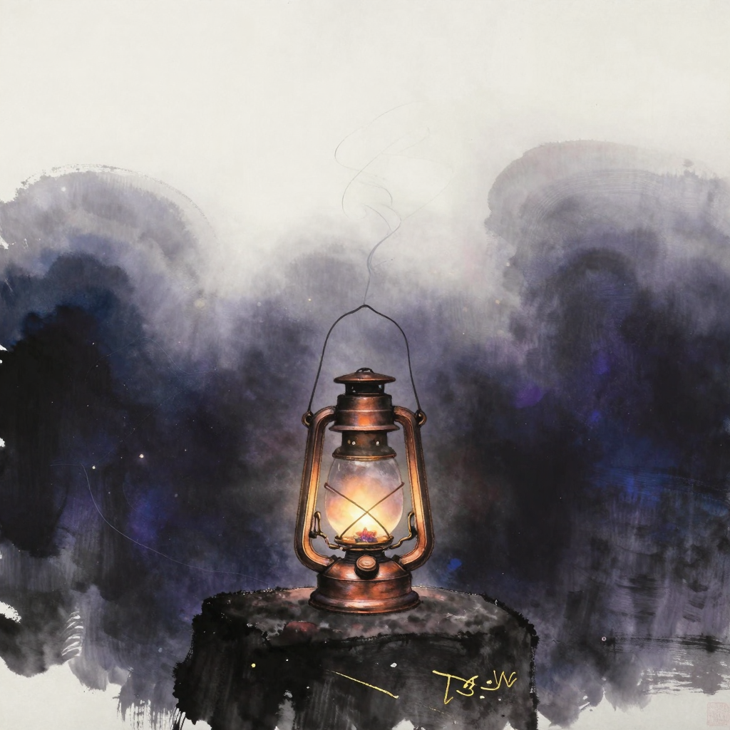 创造性虚空：一盏铜油灯立于石台，灯芯将尽时最后一缕微光摇曳，青烟袅袅升起消散于大片留白中，余无一物