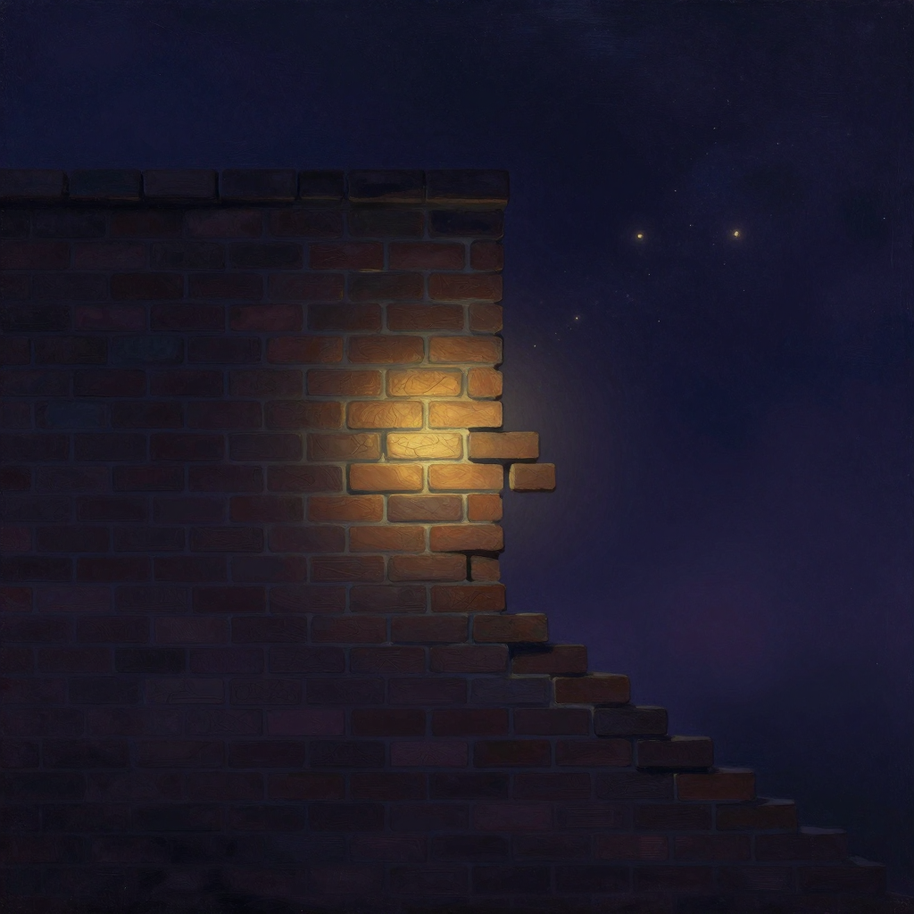 非适应性信念：一堵老砖墙矗立于空处，左侧砖块整齐坚固如新，右侧砖块正逐渐松动剥落，新旧交界处的几块砖悬而未坠，墙缝间透出一线微光