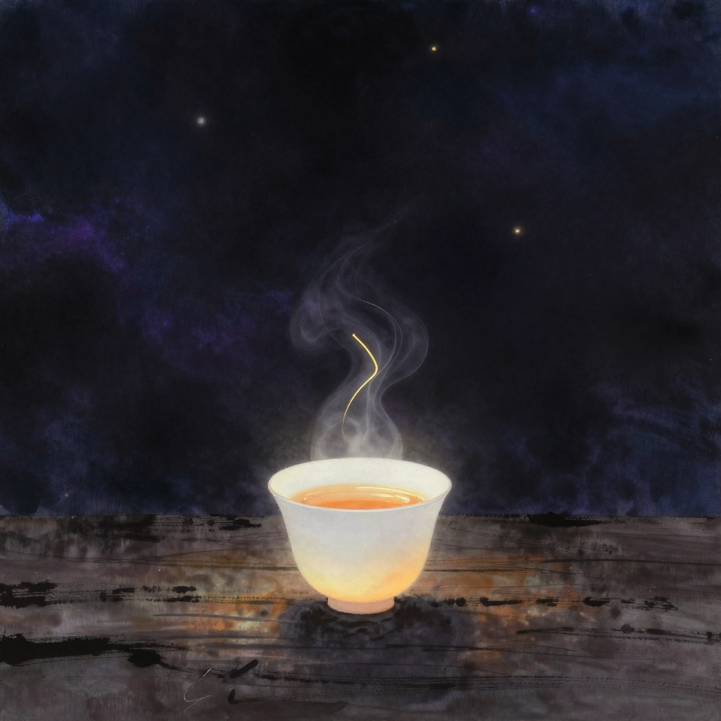 心智修炼：一只素白瓷杯静置木案，茶汤表面腾起一缕纤细热气，杯底水痕未干，四周大片空处