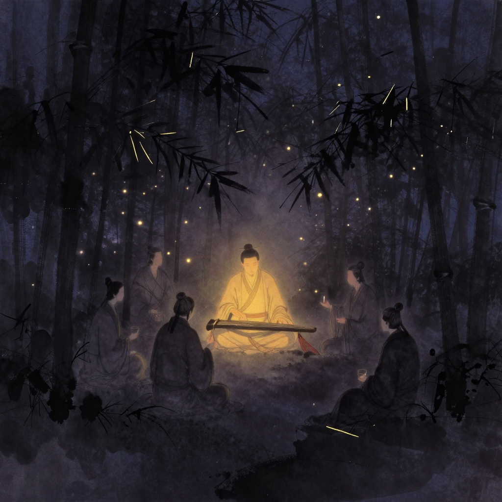 名教与自然：竹林深处，七位身着宽袍大袖的魏晋名士或抚琴或饮酒，姿态放达不拘，竹林缝隙间透出一处暖意，四周归于空处