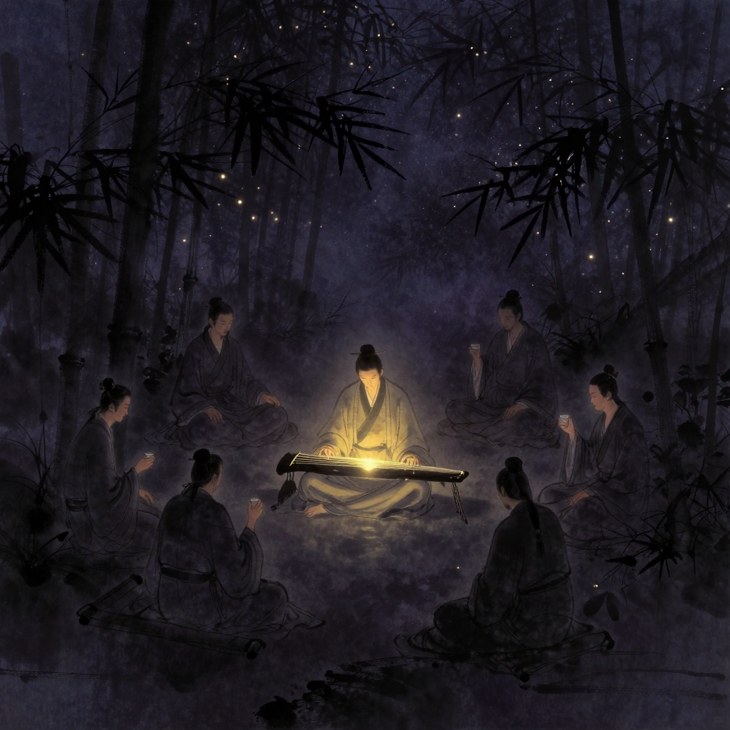 竹林七贤：七位衣袂宽松的名士疏落散坐于竹林间，形态各异——或抚琴、或执杯、或倚树醉卧，竹影婆娑，人物间留有透气空隙，林间一处微光落