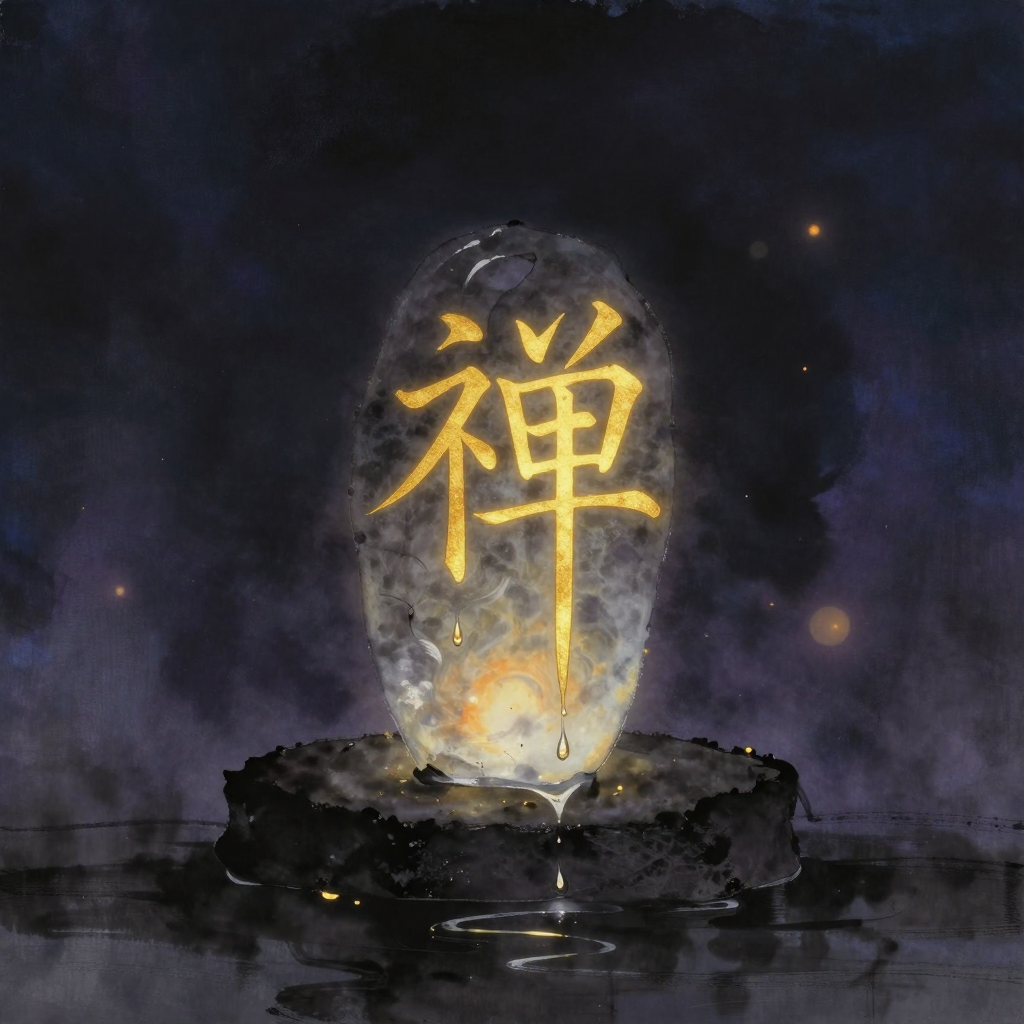文字相：一块由冰凝成的『禅』字立于石台，下半部已融化成水珠垂落，字形仍可辨识却不再坚固，四周归于空处，融化的水痕映出细微反光