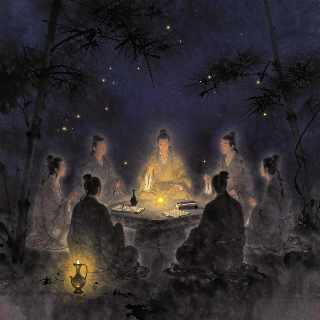 清谈：七位魏晋士人错落围坐于松竹之间，手持麈尾作谈玄手势，中央石案置有酒器与散落的简册，人物衣袂飘然，画面左下角一盏青铜酒樽泛