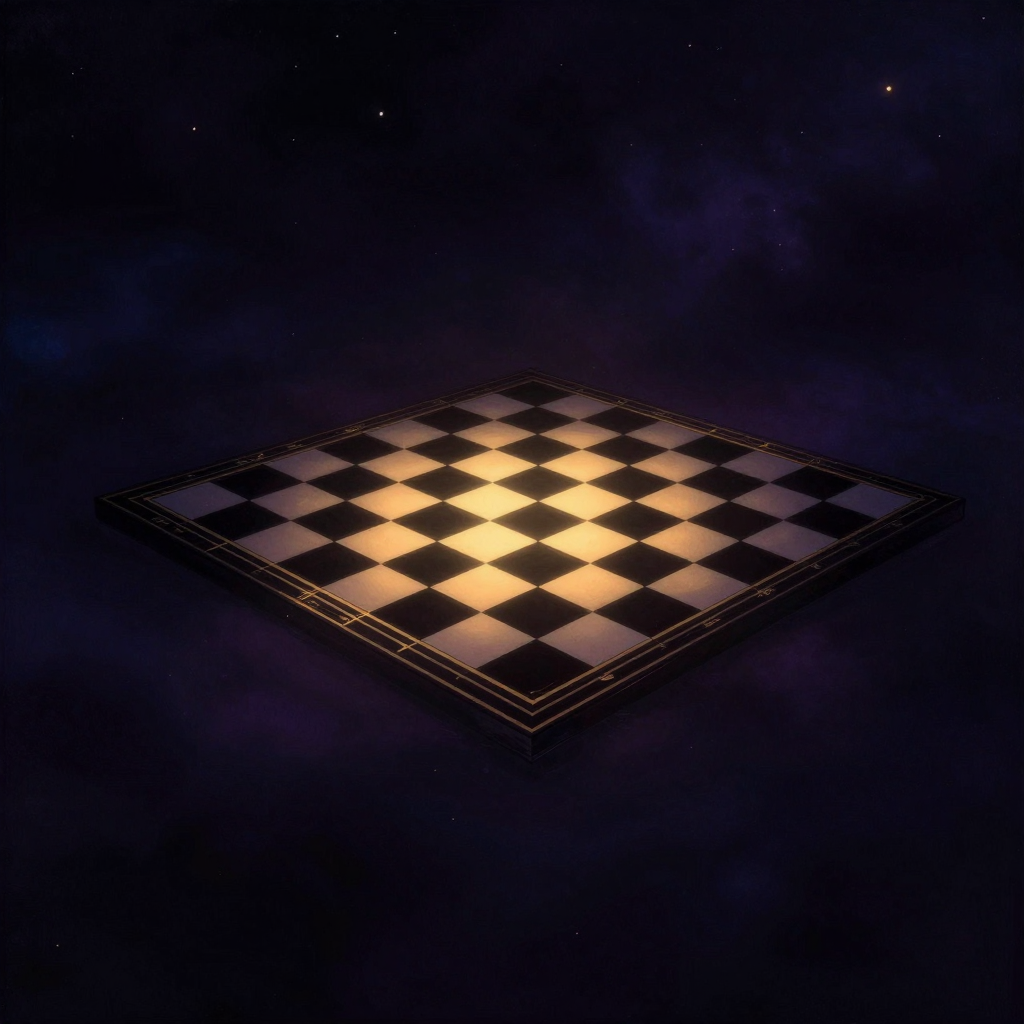 非黑即白思维：一张严格只有黑白两色方格的棋盘孤立于大片空处，没有任何灰色或过渡色，方格边缘锋利分明，一道细光沿着棋盘对角线无声划过