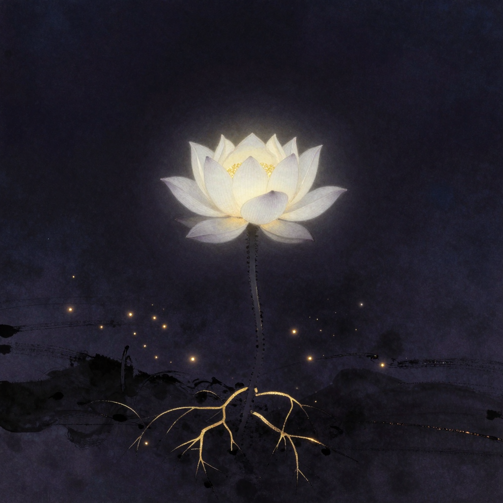 真空妙有：一朵白莲从深色淤泥中挺拔而出，花瓣舒展于水面之上，根茎分明贯通水下泥中与水上花冠，莲与泥的交接处有一线微光
