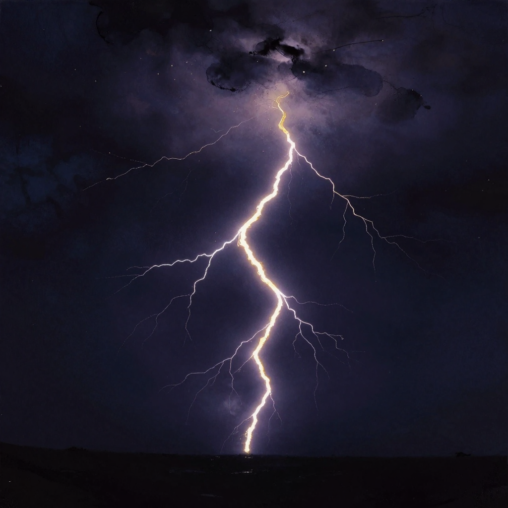顿悟时刻：一道锯齿状闪电自上而下劈开整幅画面，将黑暗分为两半，四周空无一物，闪电自身是唯一的光源