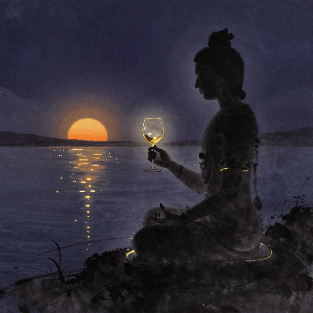 毗瓦巴：毗瓦巴侧面坐姿，右手持一只空酒杯举至胸前，左手结印，身形安住如山脉。背景是恒河水面极简的弧线与一枚将沉未沉的落日，酒杯内