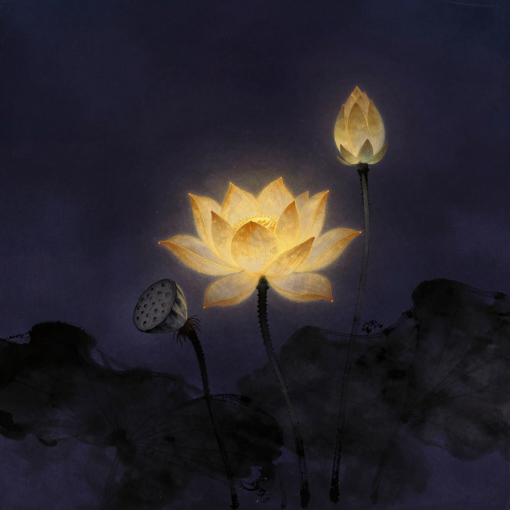空假中：一朵完整的莲花同时呈现三种存在状态：右侧是未开的青玉色花苞（空），中部盛放的花瓣舒展如金（假），左侧已结成沉甸的莲蓬垂首