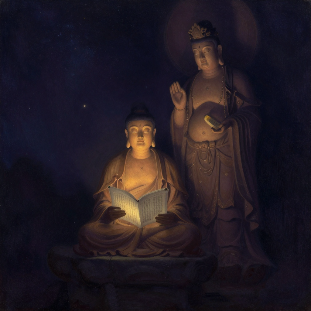 无著菩萨：一袭袈裟的无著菩萨盘坐于石台，手持展开的经卷，微微仰首；其右上方弥勒菩萨身披璎珞垂目而立，左手持经卷，右手作说法印。二像