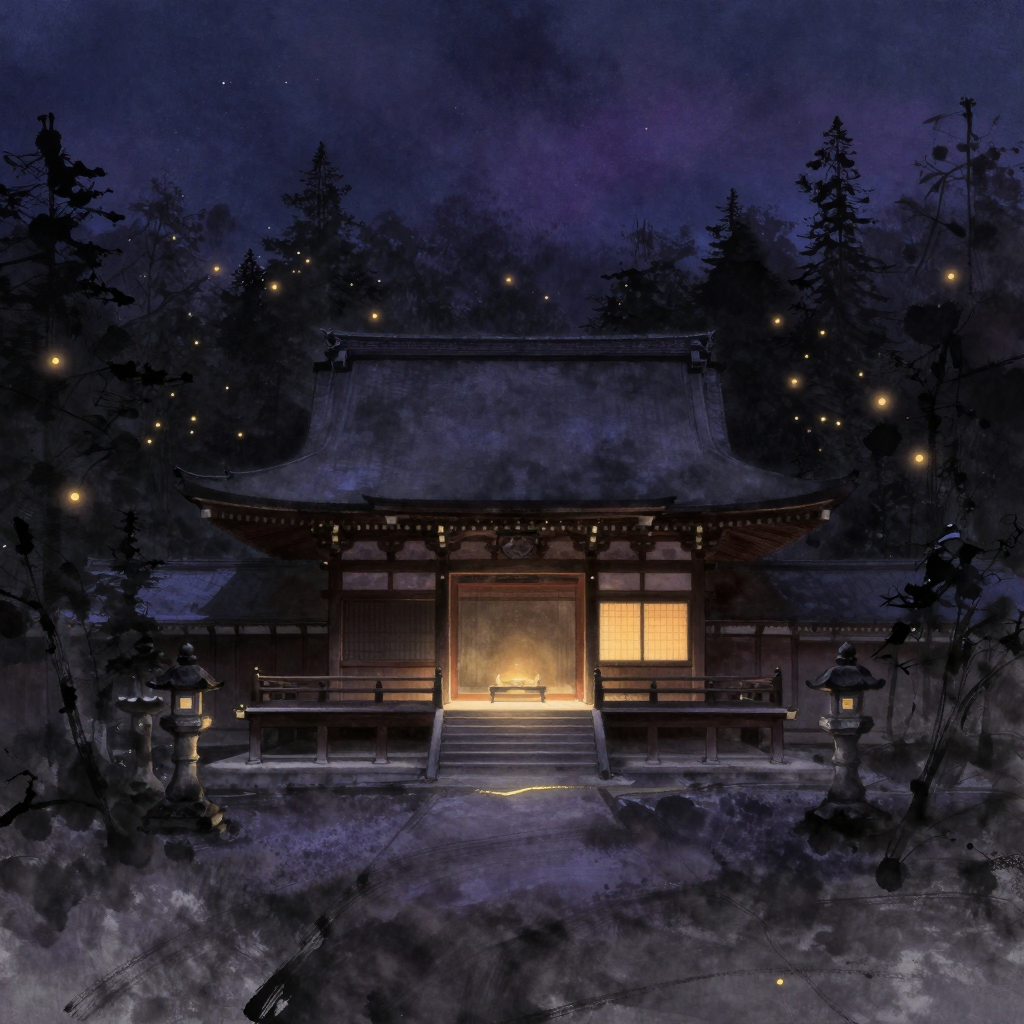 比叡山：一座深色木质结构的日本天台宗寺院立于画面中央，悬山顶轮廓清晰，前方石灯笼静立，建筑被茂密的比叡山森林环抱，隐于大片的空寂