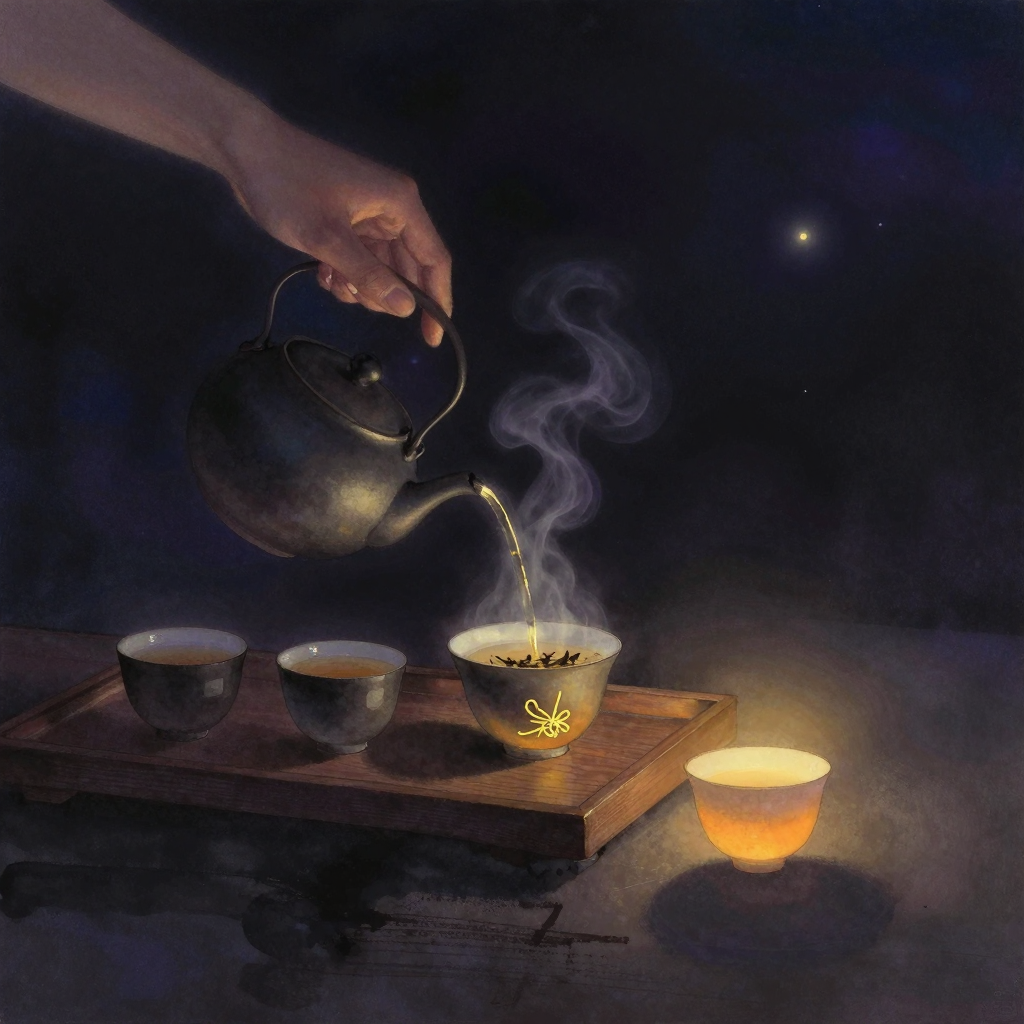身体仪式：一双素手正在执行茶道仪式，手指以精确角度倾斜茶壶缓缓注水入盏，蒸汽自盏中升起成一道柔弧，茶叶在浅色茶汤中舒展，整套茶具规