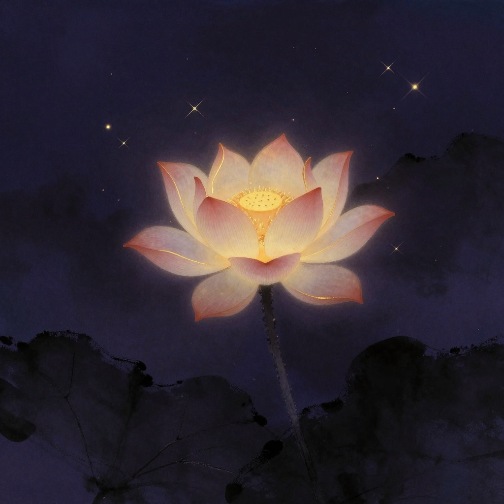 神明：一朵盛开的莲花优雅立于空处，花瓣舒展分明，中心莲蓬清晰可见，花茎微微倾斜似正被拈起，花瓣边缘透出一处细腻的暖意